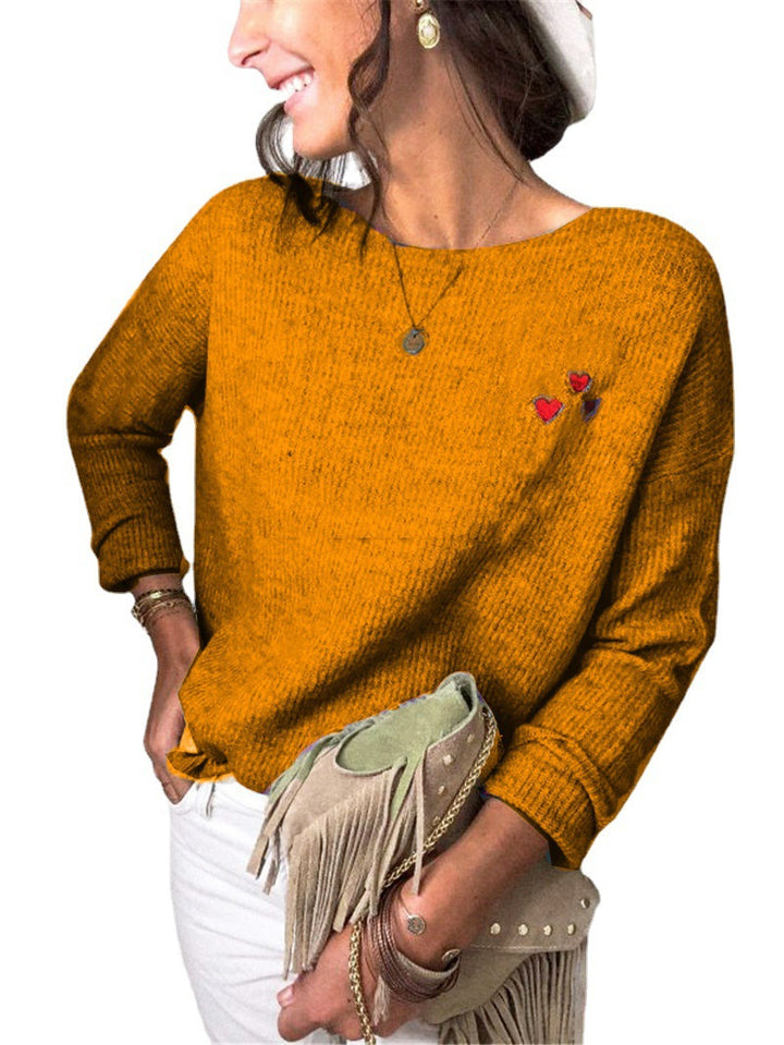 Damen Leichter Feinstrickpullover mit U-Boot-Ausschnitt, lockerem Sitz und Herzstickerei Drune