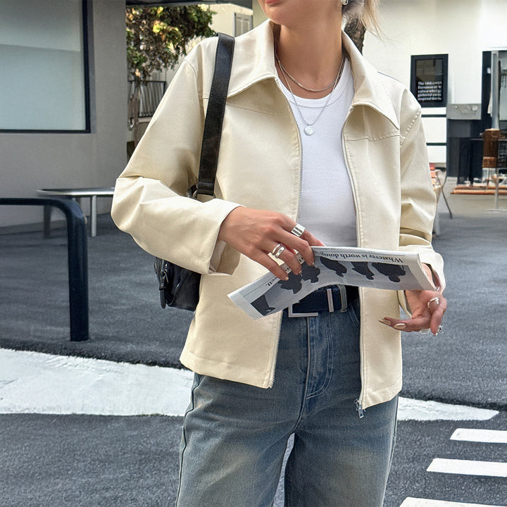 Damen nan elegante Kunstlederjacke mit Reißverschluss, Hemdkragen und Eingrifftaschen Drune