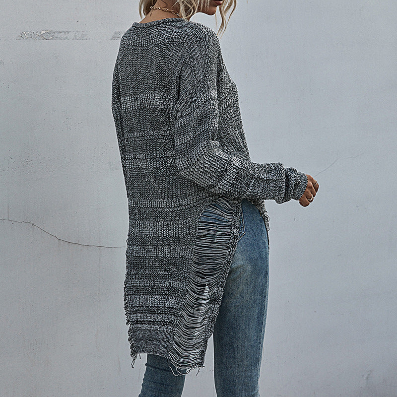 Damen Lässiger Strickpullover mit Fransen Drune