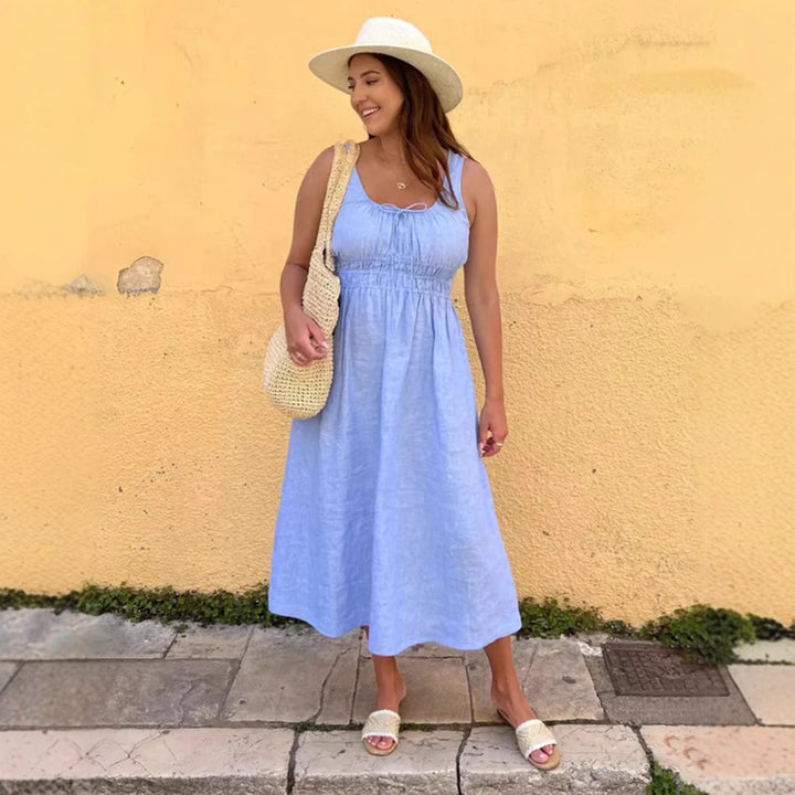 Damen nan midilanges Leinenoptik-Kleid mit Smokoberteil, elastischer Taillenpasse und breiten Trägern Drune