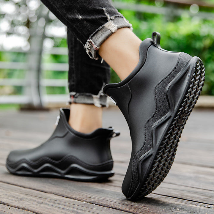 Damen Wasserdichte Slip-On Ankle‑Gummistiefelette mit umgeschlagenem Strickkragen Drune