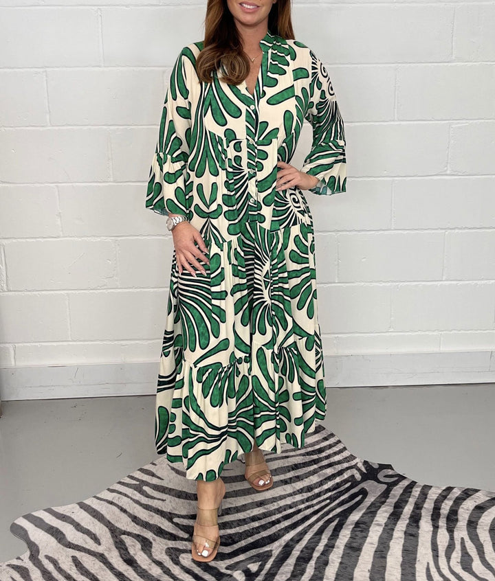 Damen Lange Stufen Kleid mit Knopfleiste und abstraktem Blattdruck Drune