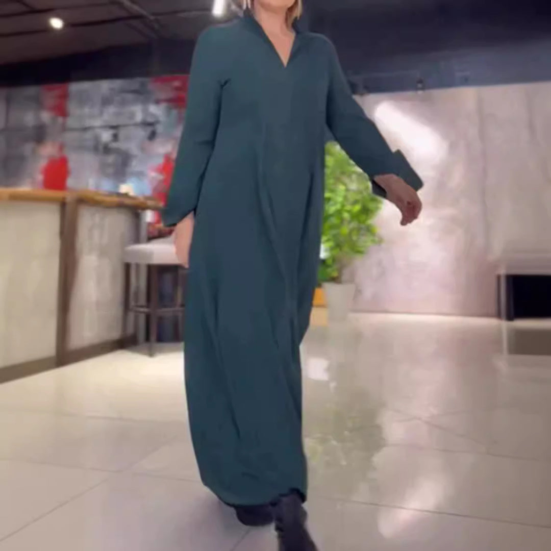 Damen Lange Maxi Kleid mit Stehkragen, Seitentaschen und Lockerem Fall Drune