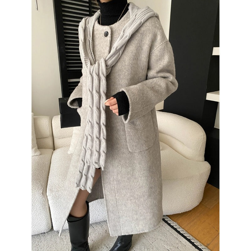 Damen eleganter Wollmantel mit asymmetrischem Kragen und praktischen Taschen Drune