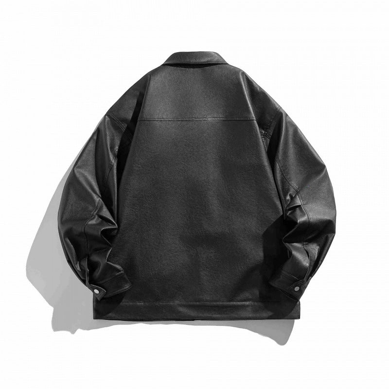 Unisex Boxy Kunstleder-Blousonjacke mit Hemdkragen, diagonalem Brustreißverschluss und Druckknopf-Saum Drune