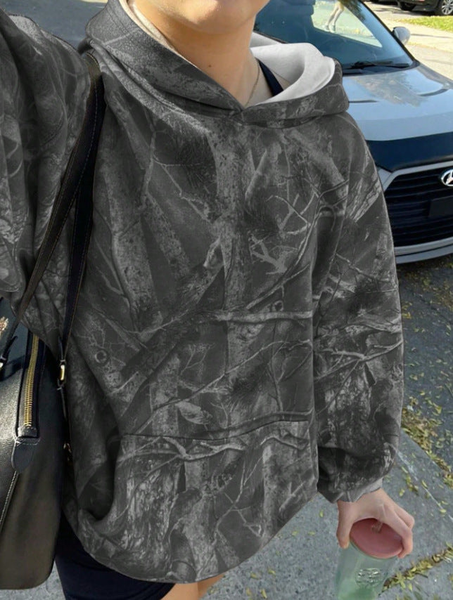 Damen Oversize Kapuzenpullover mit Naturmuster und Kängurutasche Drune