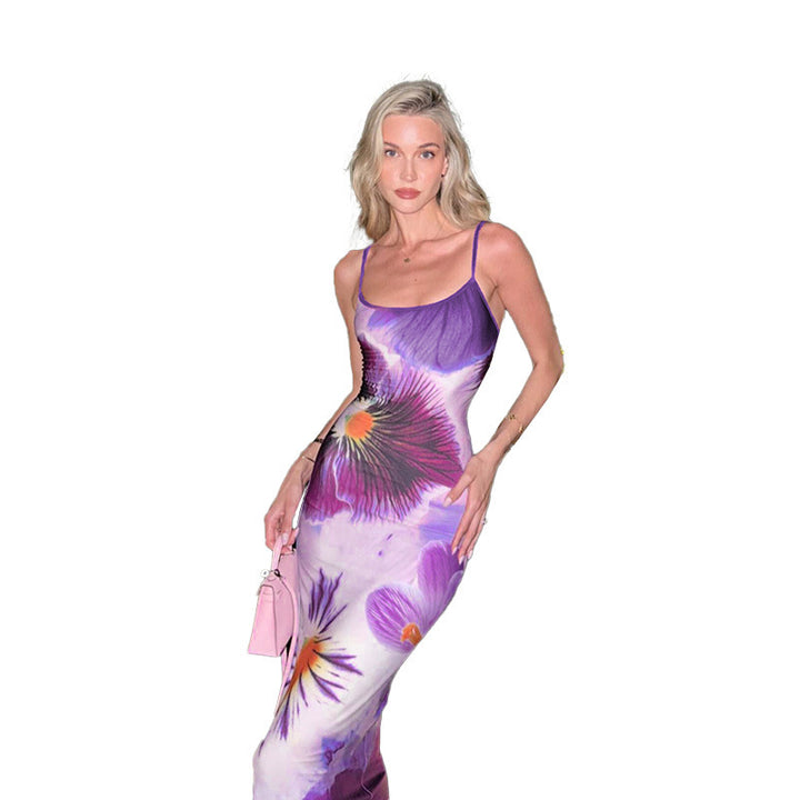 Damen trendiges Maxi-Kleid mit floralem Muster und schmalen Spaghettiträgern Drune