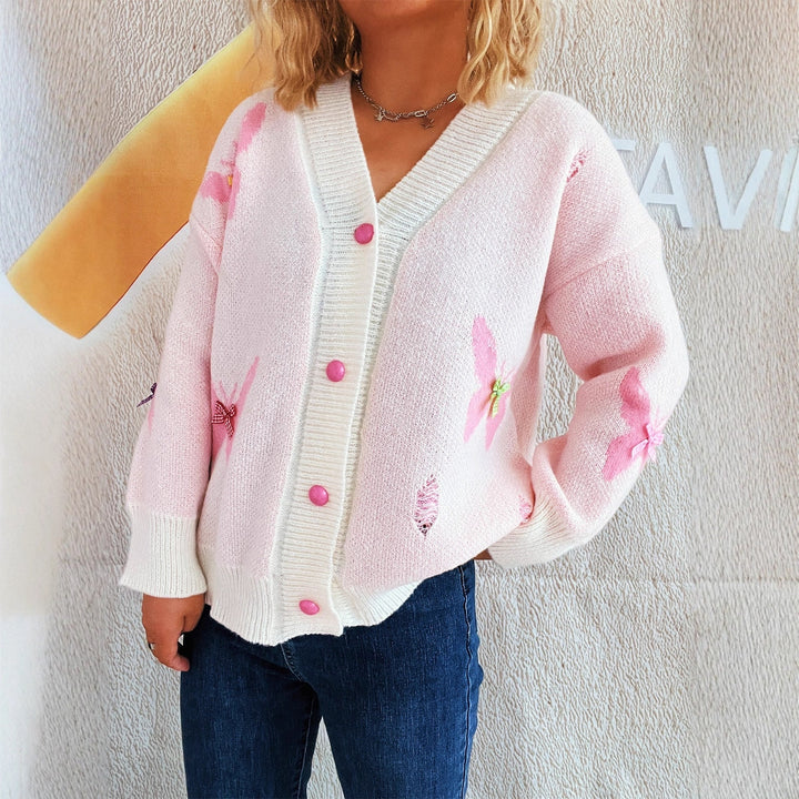 Damen kuschelige Strickjacke mit buntem Schmetterlingsdesign und Knopfleiste Drune