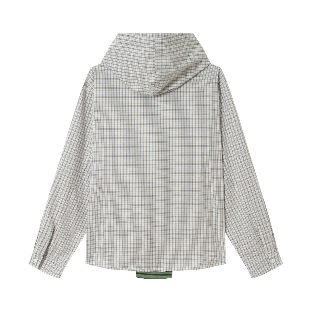 Damen Oversize Hemdjacke mit Kapuze, angenähtem Strickschal und Brustpatch Drune