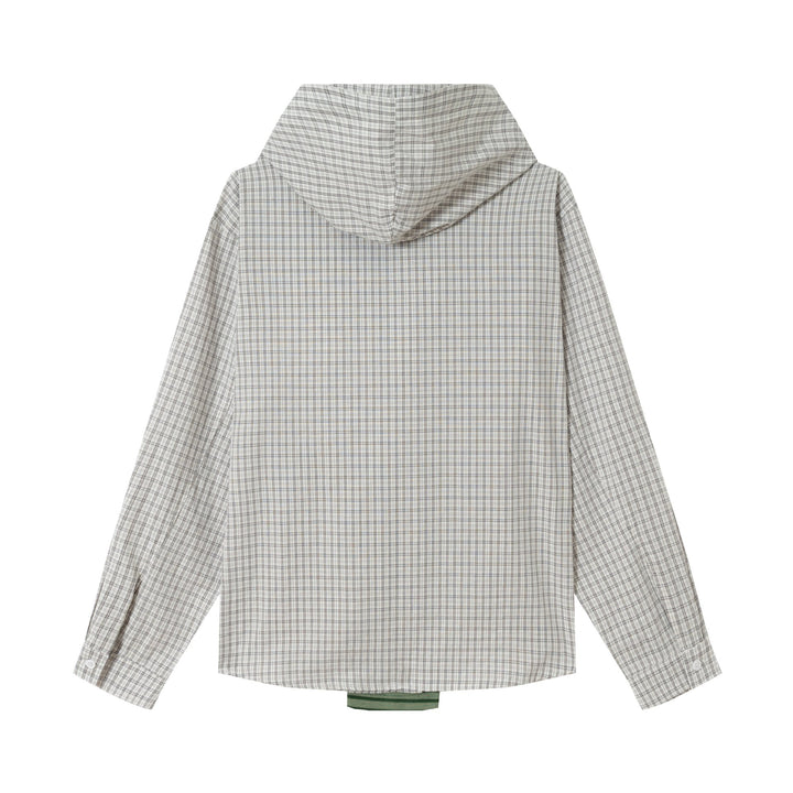 Damen Oversize Hemdjacke mit Kapuze, angenähtem Strickschal und Brustpatch Drune