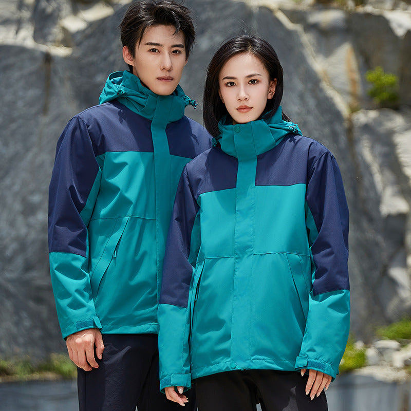 Unisex zweilagige wasserabweisende Outdoorjacke mit Kapuze und Colorblock-Design Drune