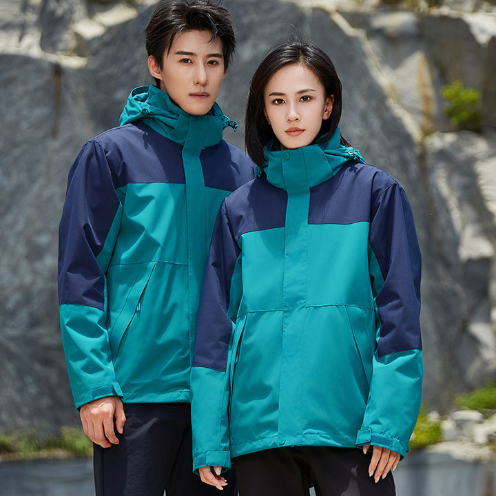 Unisex zweilagige wasserabweisende Outdoorjacke mit Kapuze und Colorblock-Design Drune