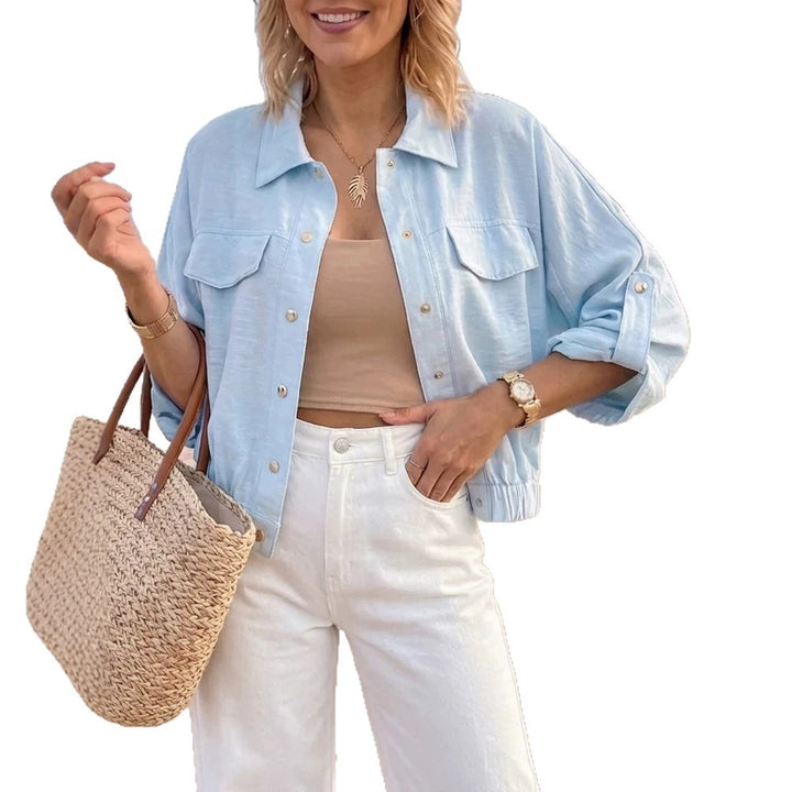 Damen Leichte Chambray-Boxy-Jacke mit Gummibund, Druckknöpfen und aufgesetzten Brusttaschen Drune