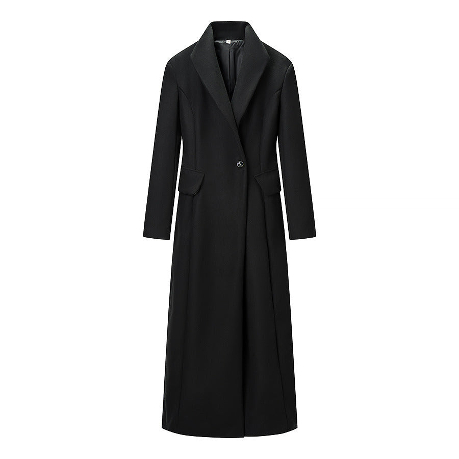 Damen nan eleganter Maxi-Mantel mit taillierter Silhouette Schalkragen und Pattentaschen Drune