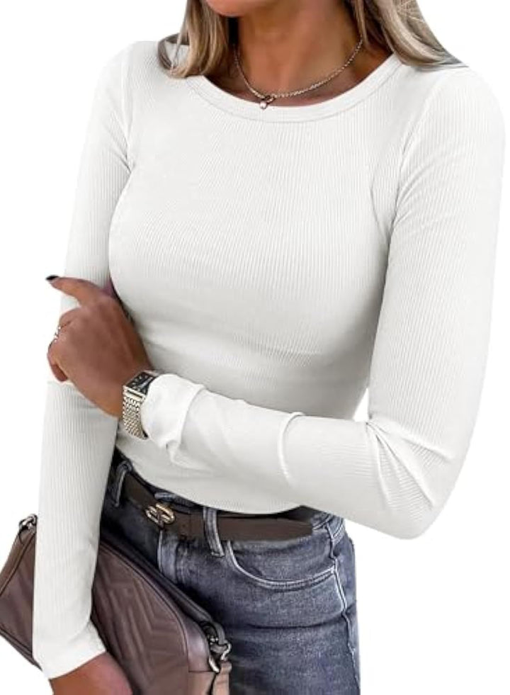 Damen Schmalgeschnittenes Ripp-Longsleeve mit Rundhalsausschnitt und Stretch-Baumwollmix Drune