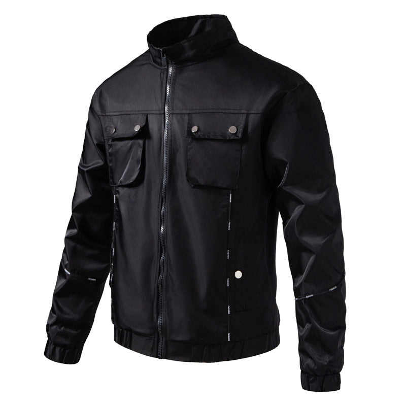 Herren Leichte Utility-Bomberjacke mit Pattentaschen, Stehkragen und elastischem Saum Drune