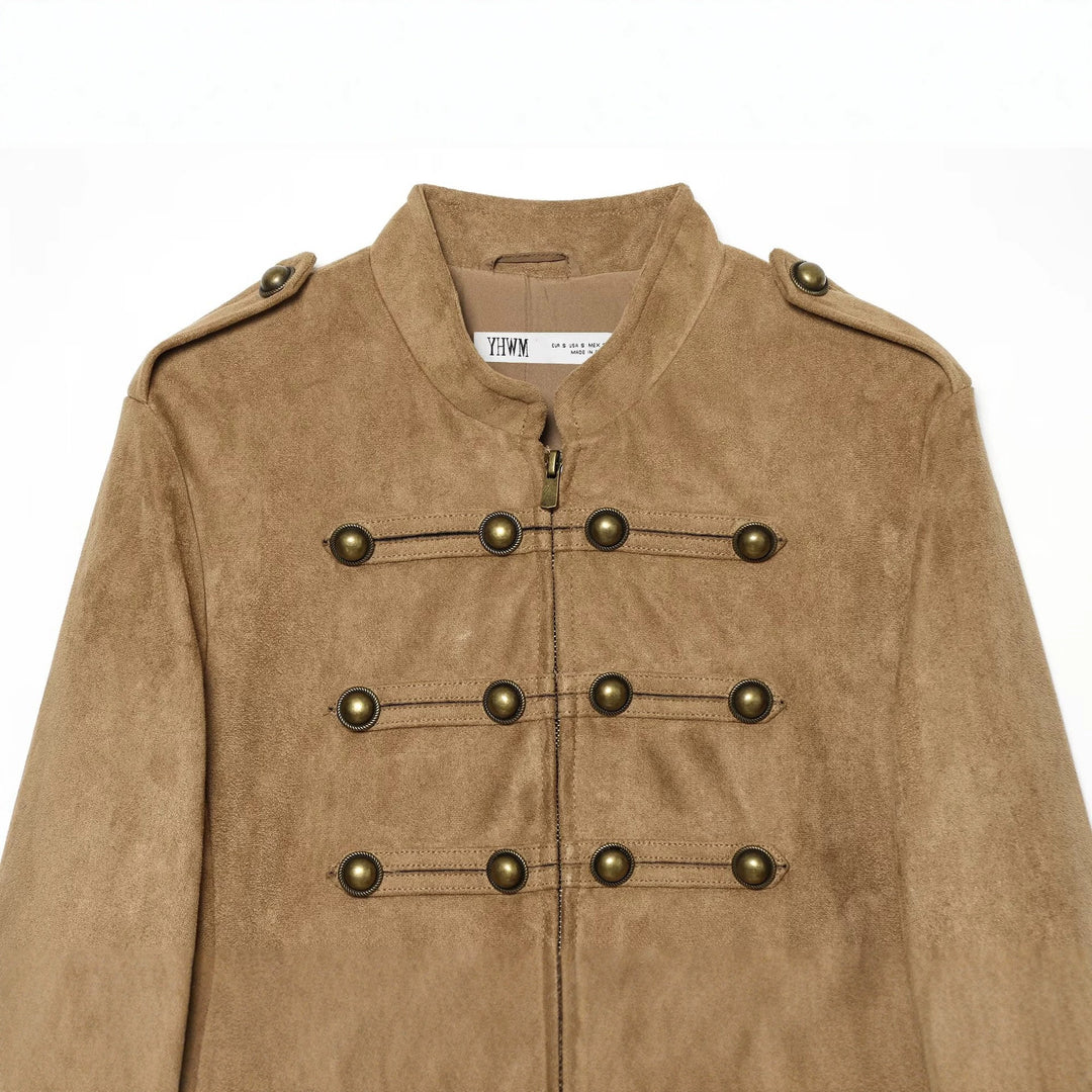 Damen Kurzblouson im Militärstil aus Velourslederoptik mit Reihen-Messingknöpfen Drune