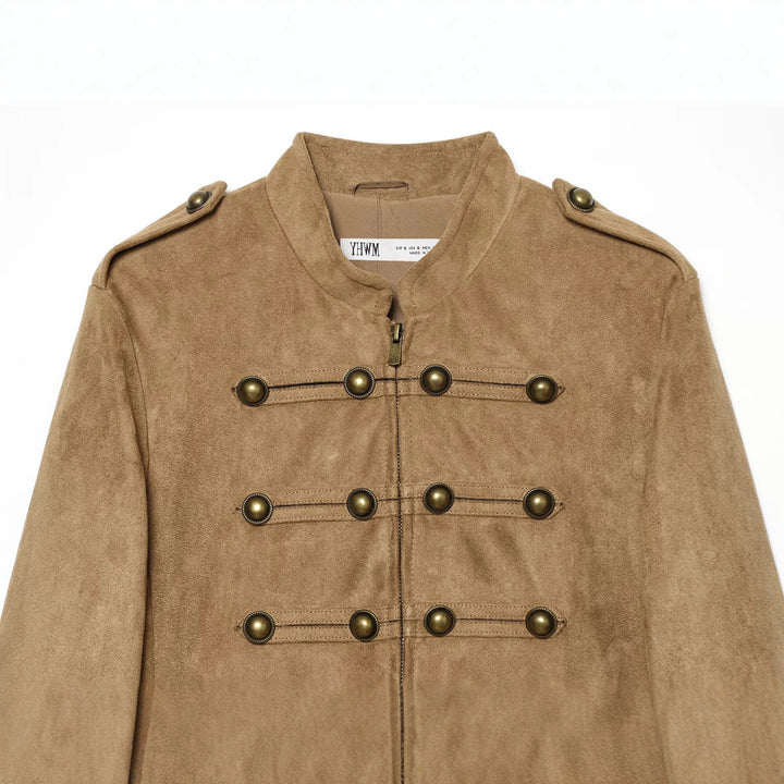 Damen Kurzblouson im Militärstil aus Velourslederoptik mit Reihen-Messingknöpfen Drune