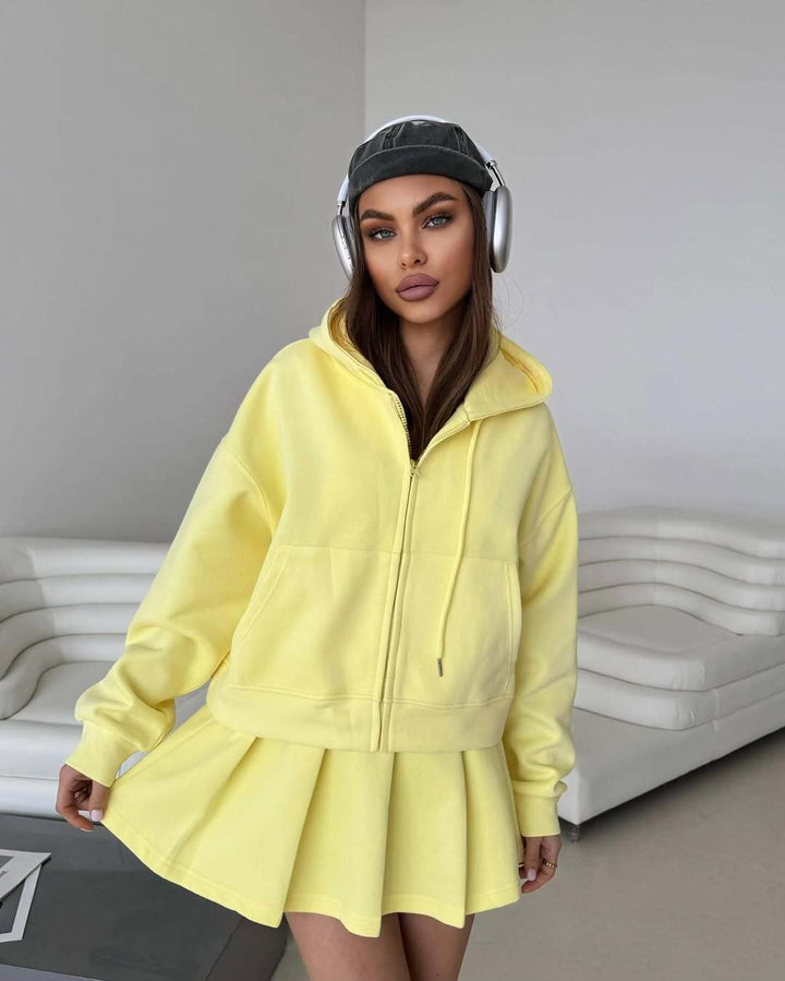 Damen Kurzzip-Kapuzenjacke mit plissiertem Minirock-Lounge-Set Drune