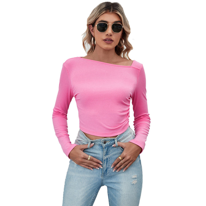 Damen figurbetontes geripptes Langarm-Cropped-Top mit asymmetrischer Schulterlinie und taillierter Stretch-Passform Drune