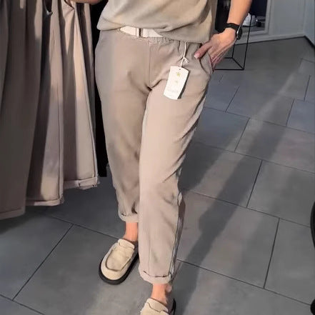 Damen nan lässige Baumwoll-Chino mit elastischem Komfortbund, Umschlag und Ziergürtel Drune