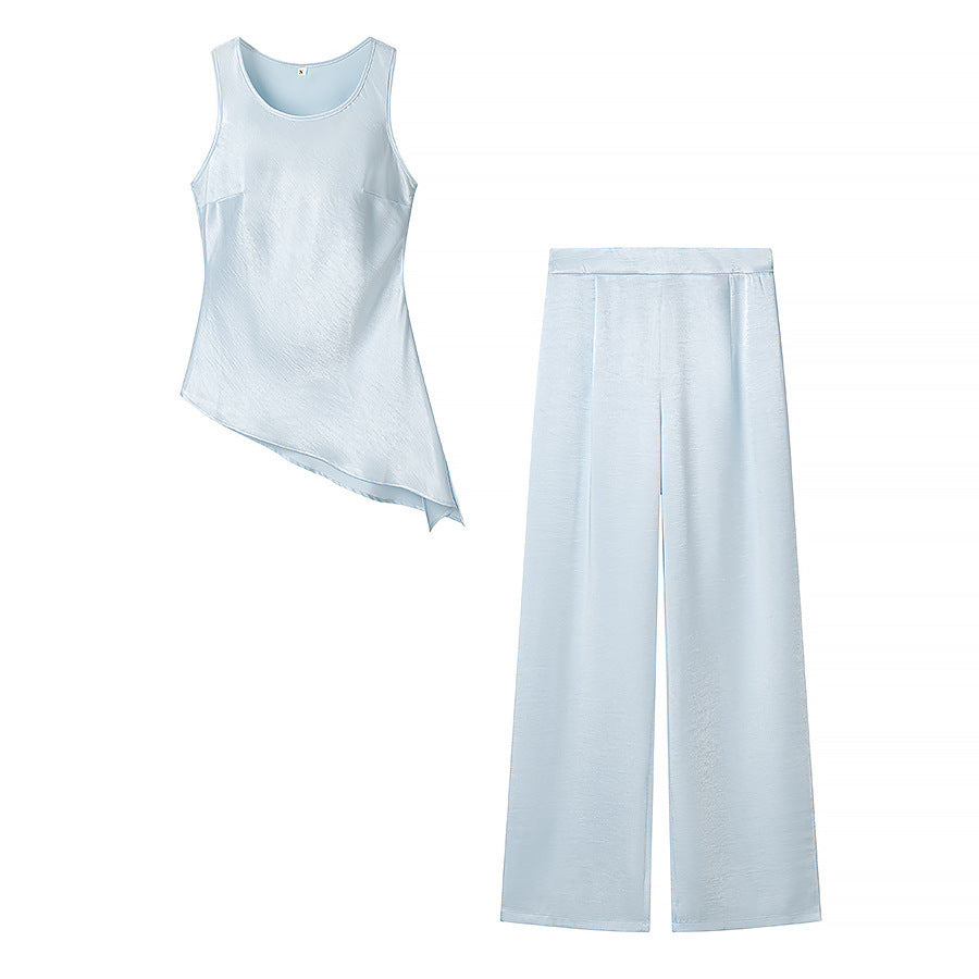 Damen Set bestehend aus elegantem Oberteil mit asymmetrischem Saum und weit geschnittener Hose Drune