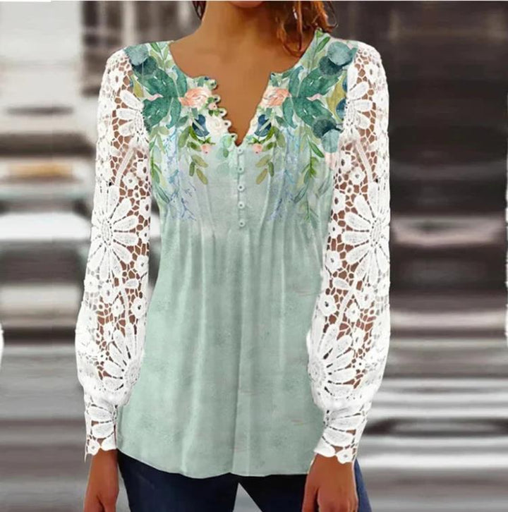 Damen Floral Viskosemischung Bluse mit Häkelärmel und V-Ausschnitt Drune