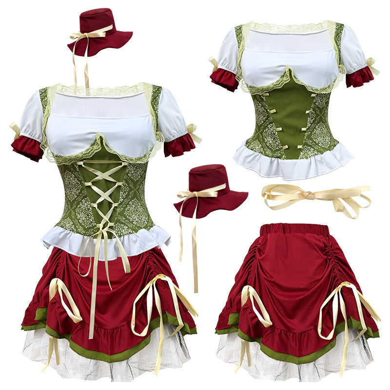 Damen nan kurzes Dirndl Trachtenkleid mit Schnürcorsage, Spitzenkragen und gerafftem Rock Drune