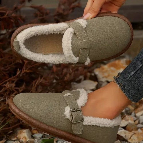 Damen Gefütterte Veloursimitat-Hausschuhe mit verstellbarem Schnallenriemen Drune