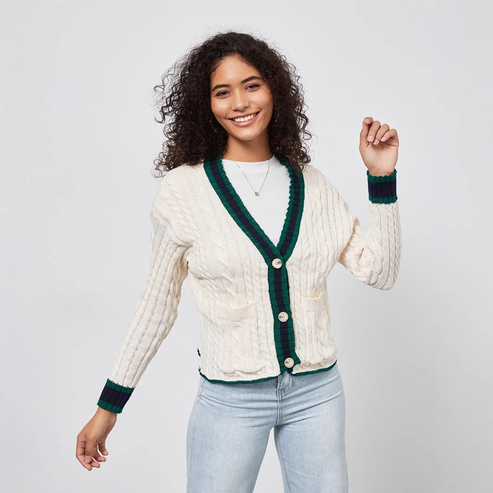 Damen Grobstrickcardigan mit dekorativer Knopfleiste und farblich abgestimmtem Saum Drune