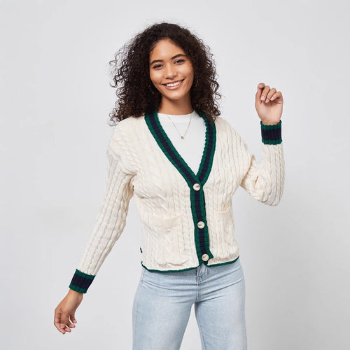 Damen Grobstrickcardigan mit dekorativer Knopfleiste und farblich abgestimmtem Saum Drune