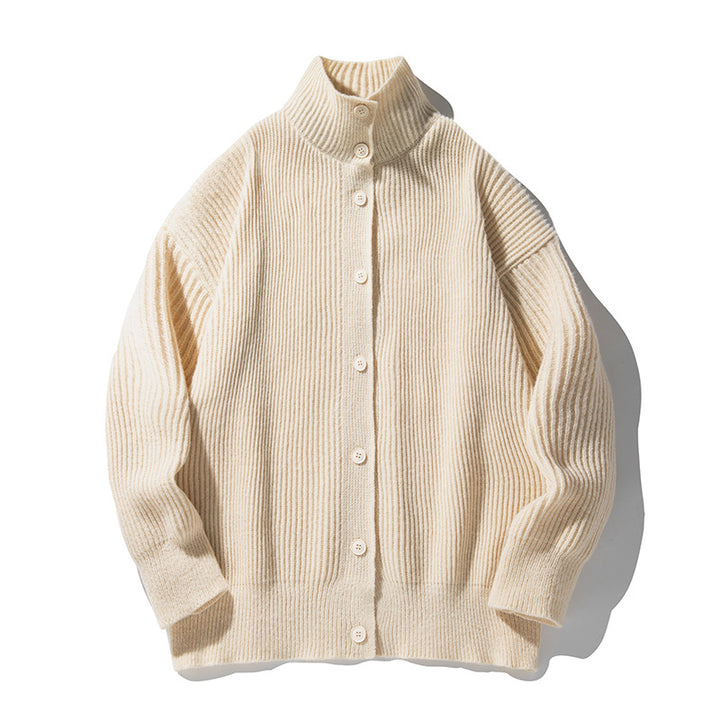 Damen Oversized Strickjacke mit Stehkragen, durchgehender Knopfleiste und markanter Rippenstruktur Drune