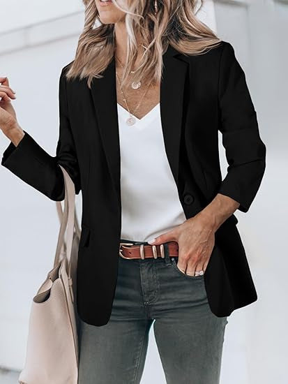 Damen Leichter Stretch-Blazer mit Schalkragen, Ein-Knopf-Verschluss und dreiviertelärmeln Drune