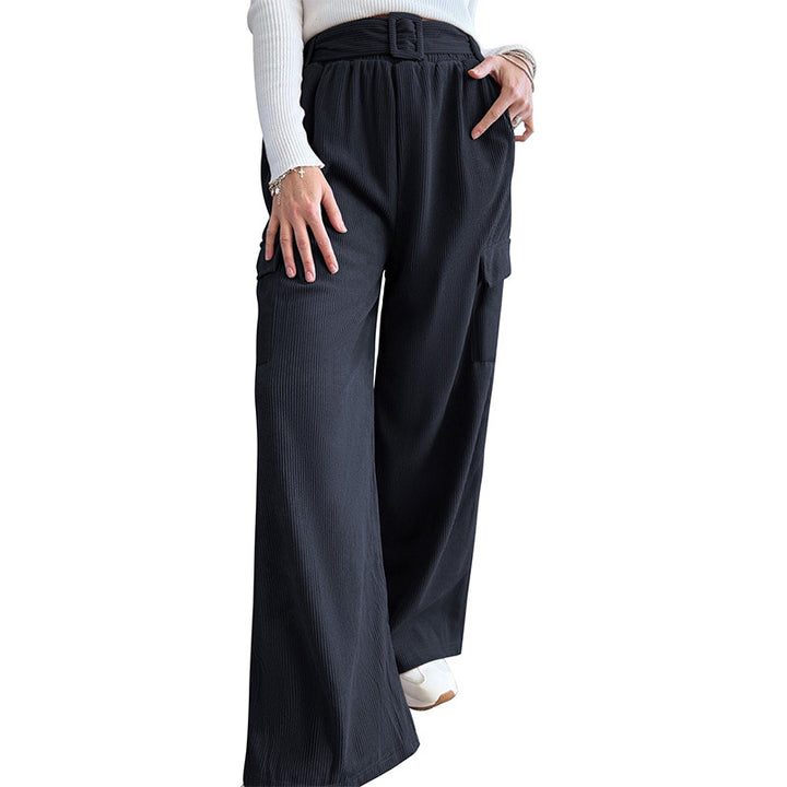 Damen Weite High-Waist-Hose mit Stoffgürtel und Cargo-Taschen Drune