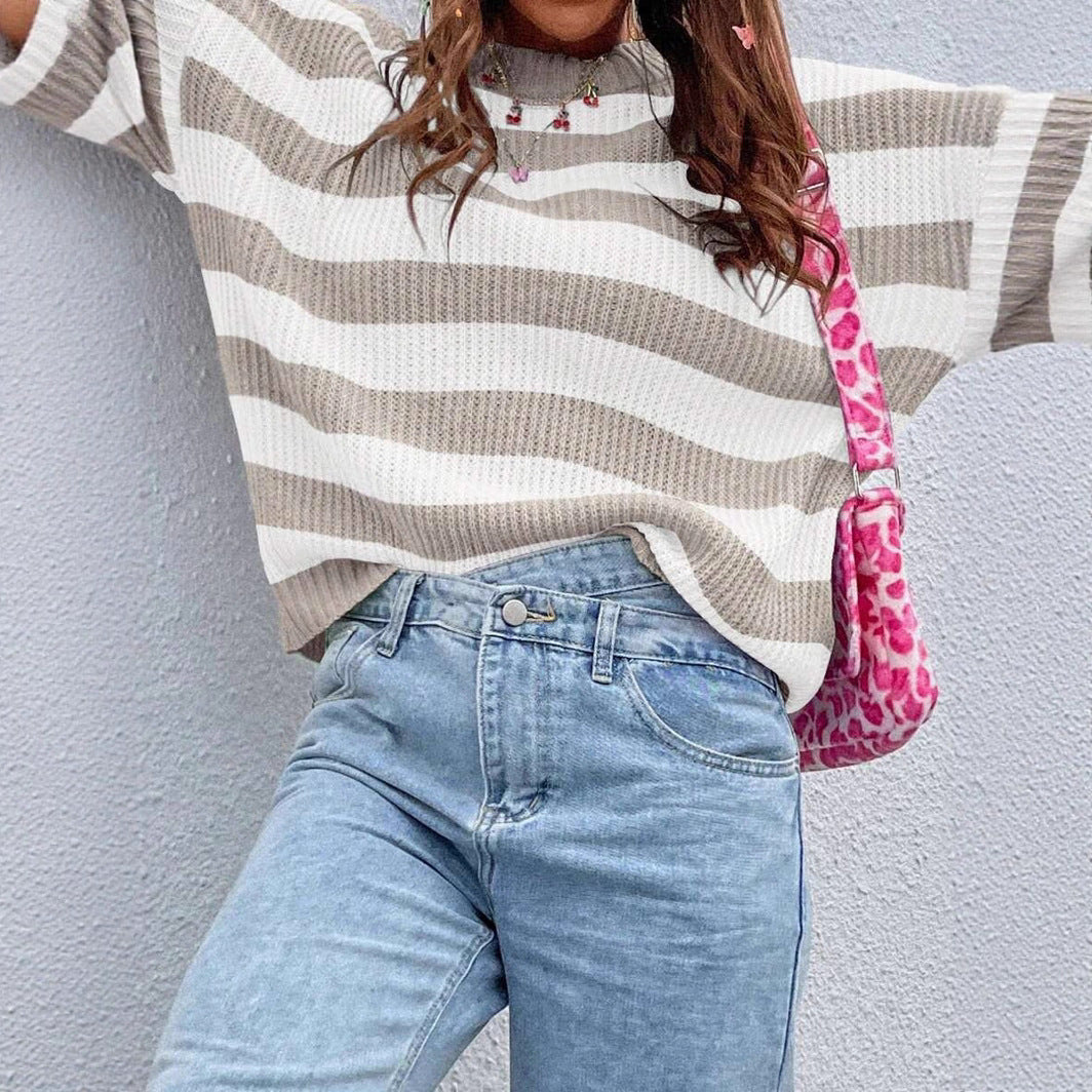 Damen modischer Strickpullover mit breiten Blockstreifen Drune