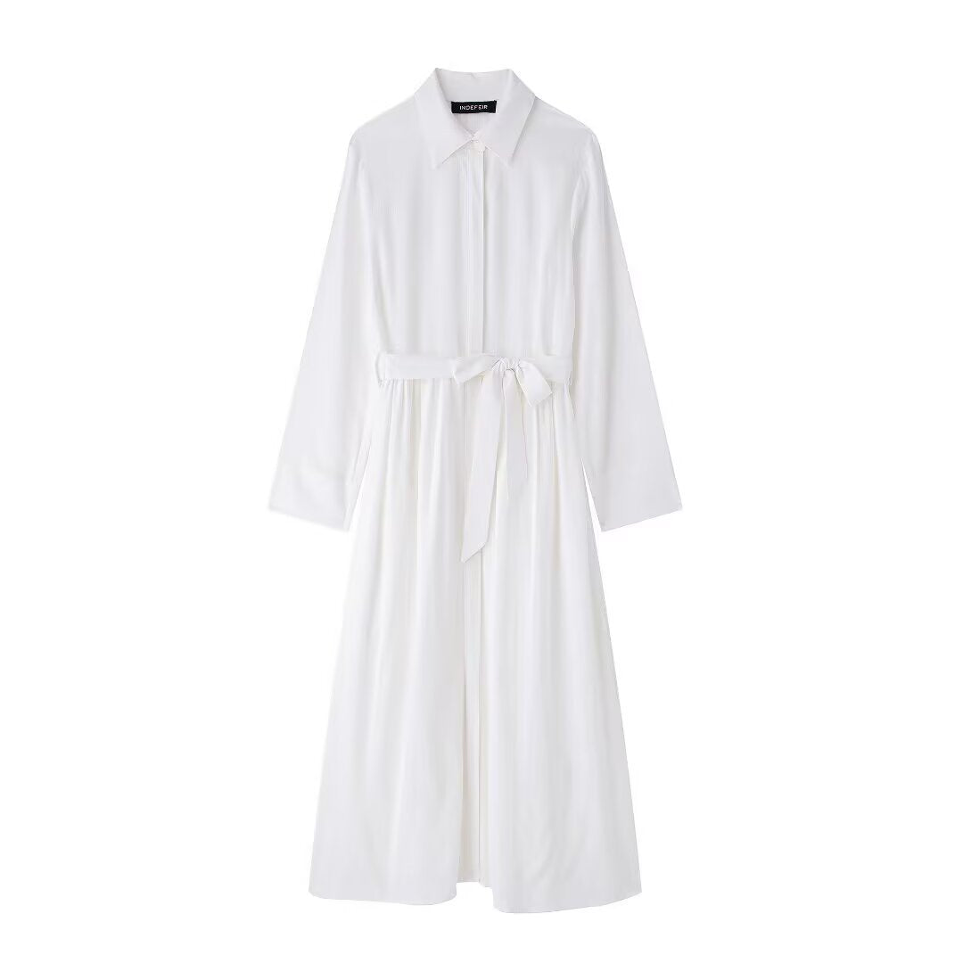 Damen Hemdkleid mit Taillengürtel und fließender Maxirock-Silhouette Drune