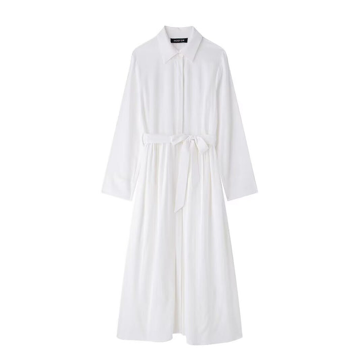 Damen Hemdkleid mit Taillengürtel und fließender Maxirock-Silhouette Drune