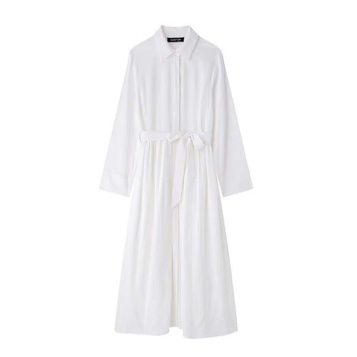 Damen Hemdkleid mit Taillengürtel und fließender Maxirock-Silhouette Drune