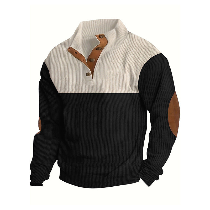 Herren Strukturierter Halbknopf-Pullover mit Stehkragen, Rippenstruktur und Ellenbogen-Patches Drune