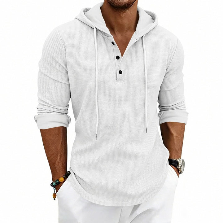 Herren Texturiertes Kapuzen-Langarmshirt mit Knopfleiste und Waffelstruktur Drune