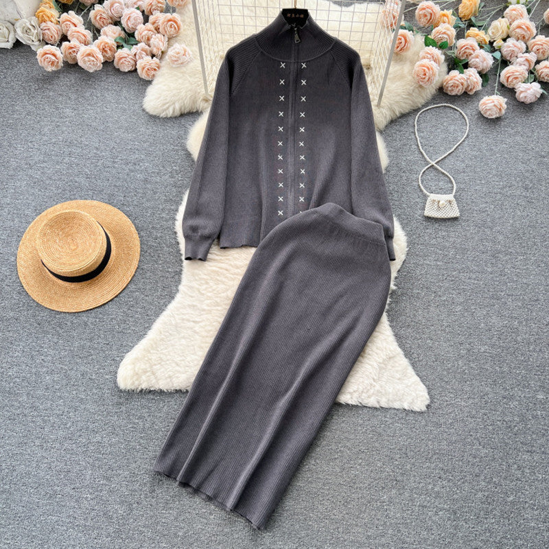 Damen eleganter Strickanzug mit Reißverschluss Drune