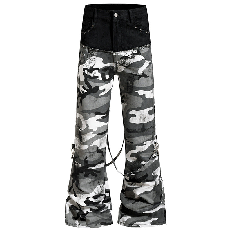 Damen Weite High‑Waist Cargohose im Camouflage‑Look mit Bondage‑Riemen Drune