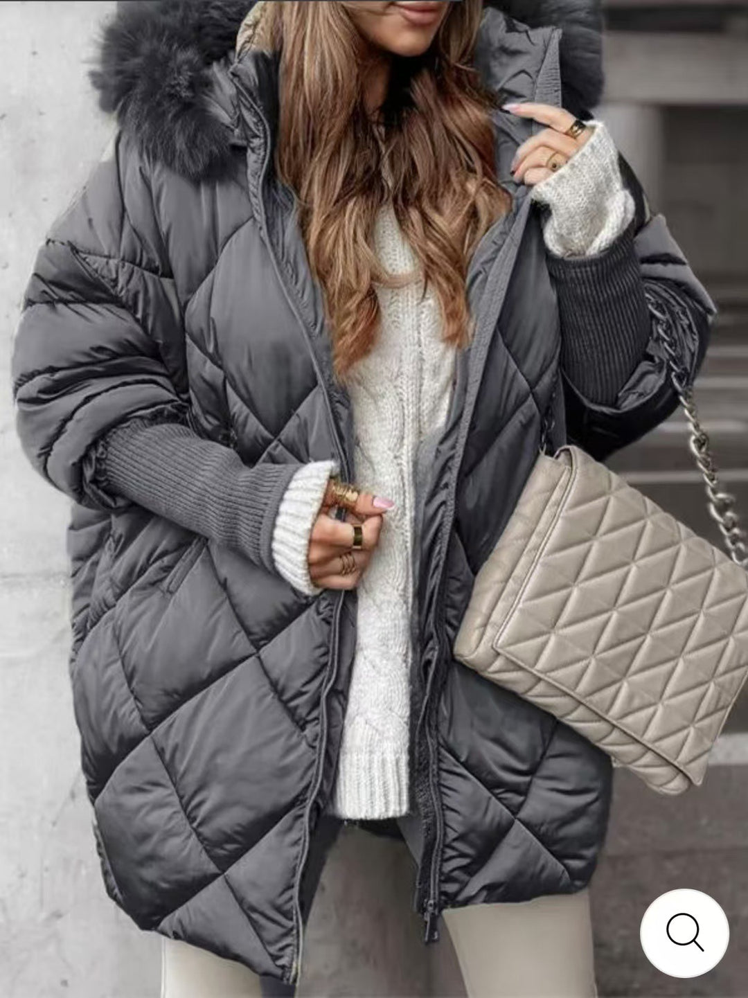 Damen nan weit geschnittener gesteppter Winterparka mit Kapuze Kunstpelzbesatz und Rippbündchen Drune