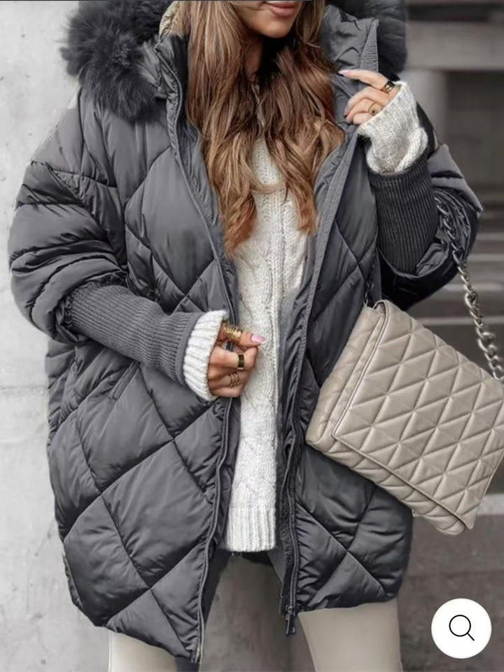 Damen nan weit geschnittener gesteppter Winterparka mit Kapuze Kunstpelzbesatz und Rippbündchen Drune