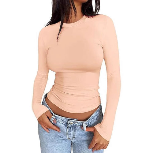 Damen Körpernahes Langarmshirt im Cropped-Look mit verlängerten Ärmeln und Daumenloch Drune