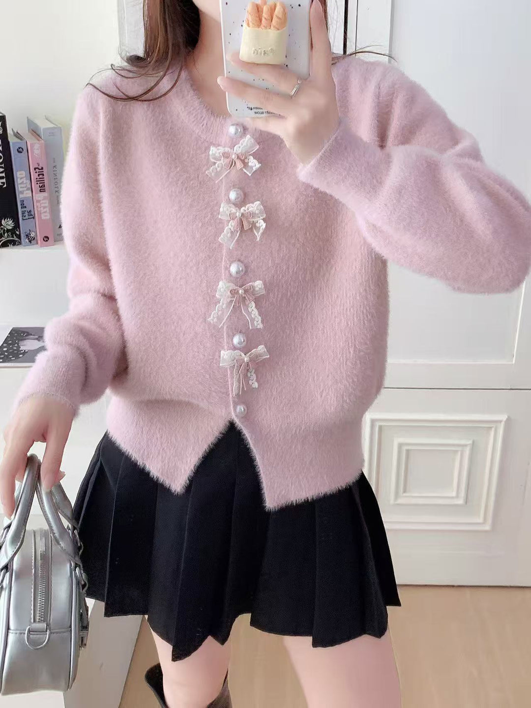 Damen Flauschige Strickjacke mit Perlen und Rüschendetails Drune