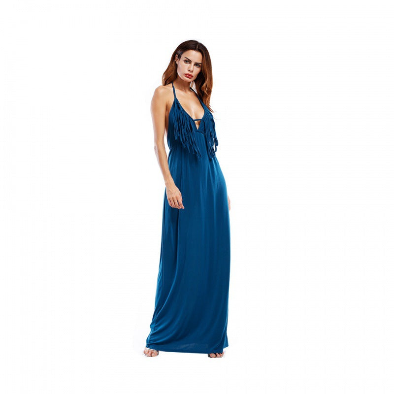 Damen Maxi-Kleid mit fransenverziertem V-Ausschnitt Drune