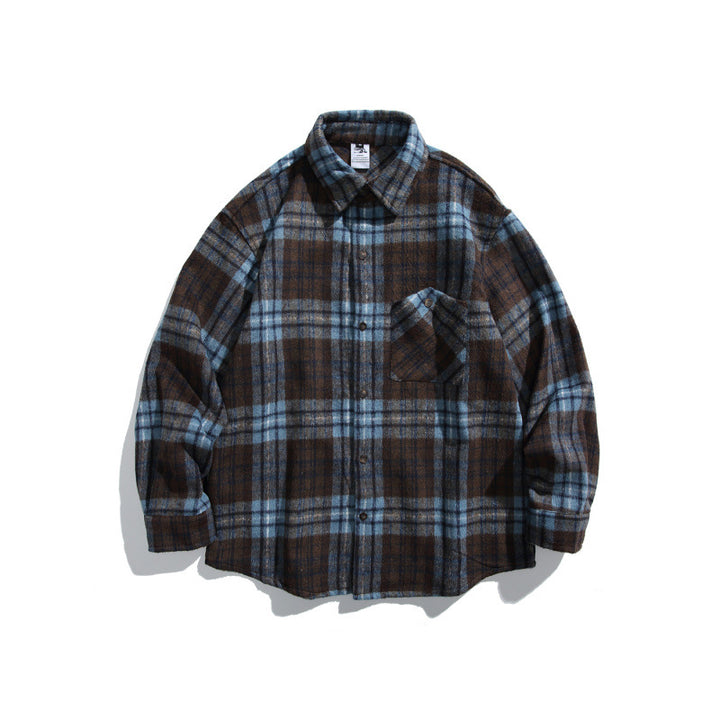 Unisex Boxy-Überhemdjacke aus weichem Wollmix mit Karomuster und aufgesetzter Brusttasche Drune