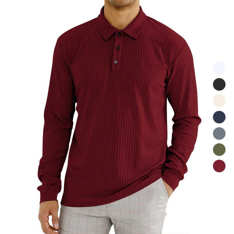 Herren nan geripptes Langarm-Poloshirt mit feiner Rippenstruktur, klassischem Kragen und elastischem Saum Drune