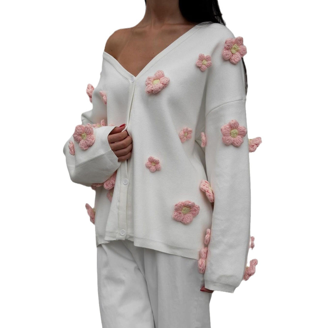 Damen Strickjacke mit floralem 3D-Design und V-Ausschnitt Drune